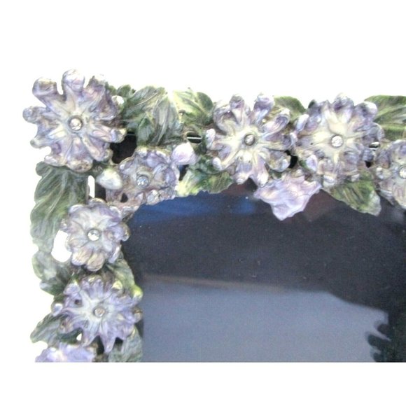 Vintage Pewter Gray Enameled Purple Floral Rhinestone Ornate Picture Frame 5x5 - Picture 3 of 8